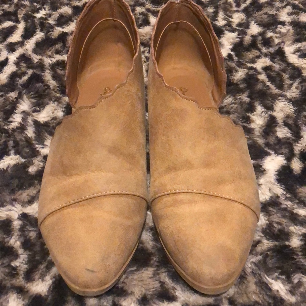 Cute slip on camel suede shoes.